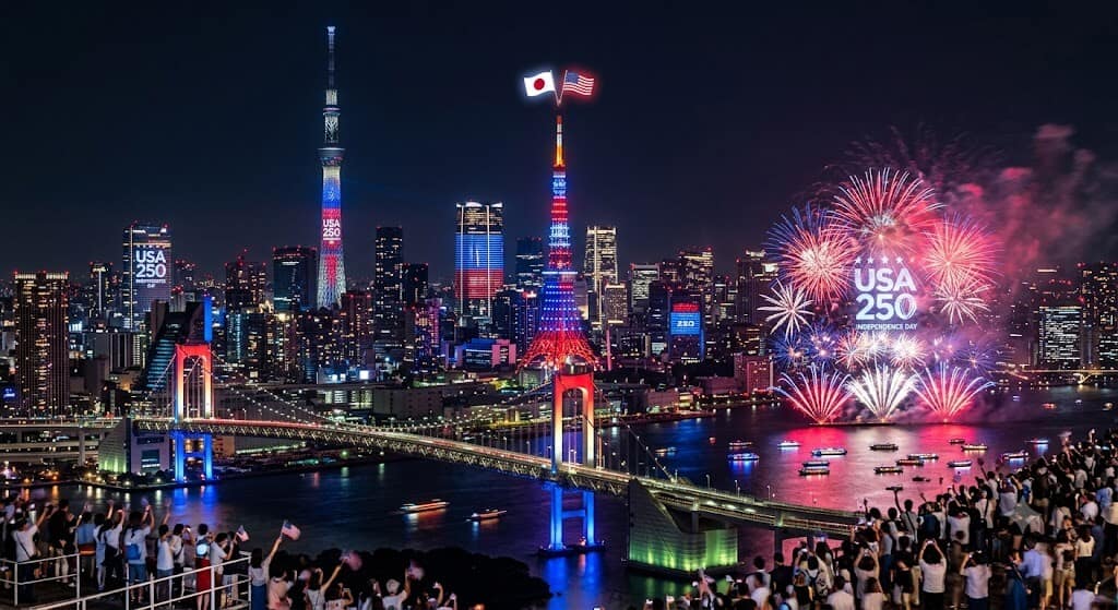 The Weight We Choose to Carry 1 Tokyo Tower illuminated with fireworks during Japan's celebration of America's 250th Independence Day
