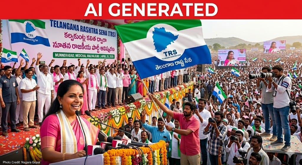K Kavitha launching Telangana Rashtra Sena party at a public meeting in Hyderabad, addressing supporters on social justice and welfare reforms