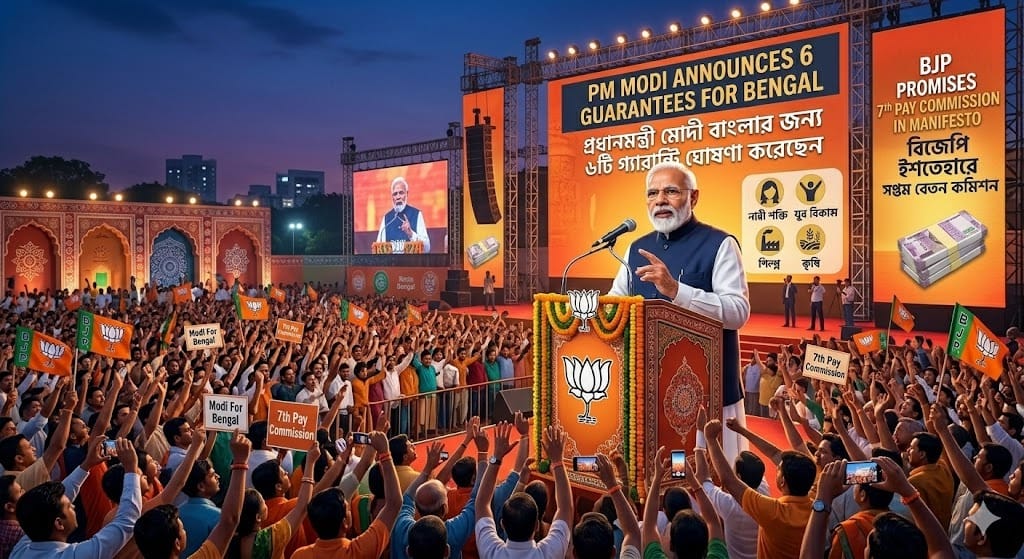 PM Narendra Modi addressing rally while announcing guarantees for West Bengal