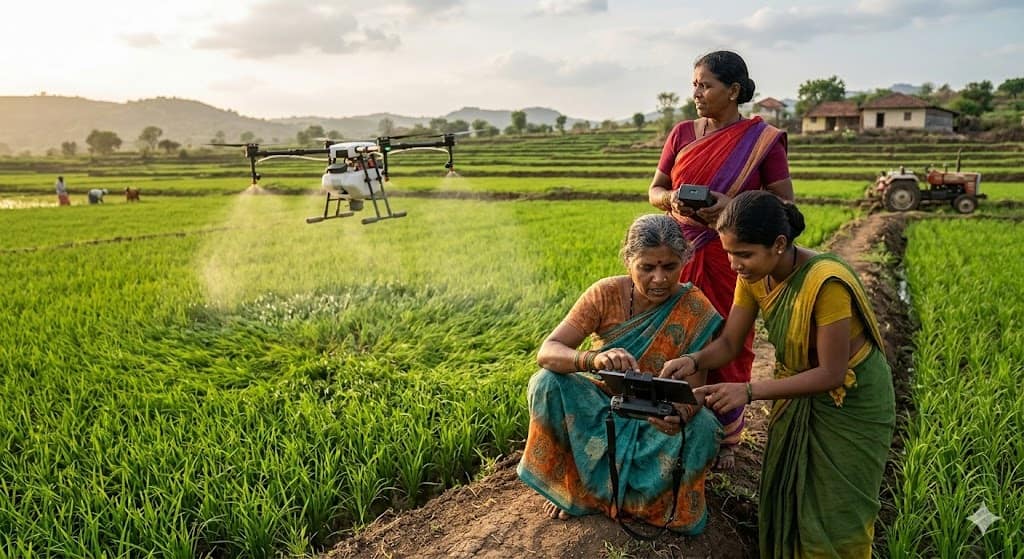 Rural women using agricultural drone for spraying crops under Namo Drone Didi Scheme in Karnataka