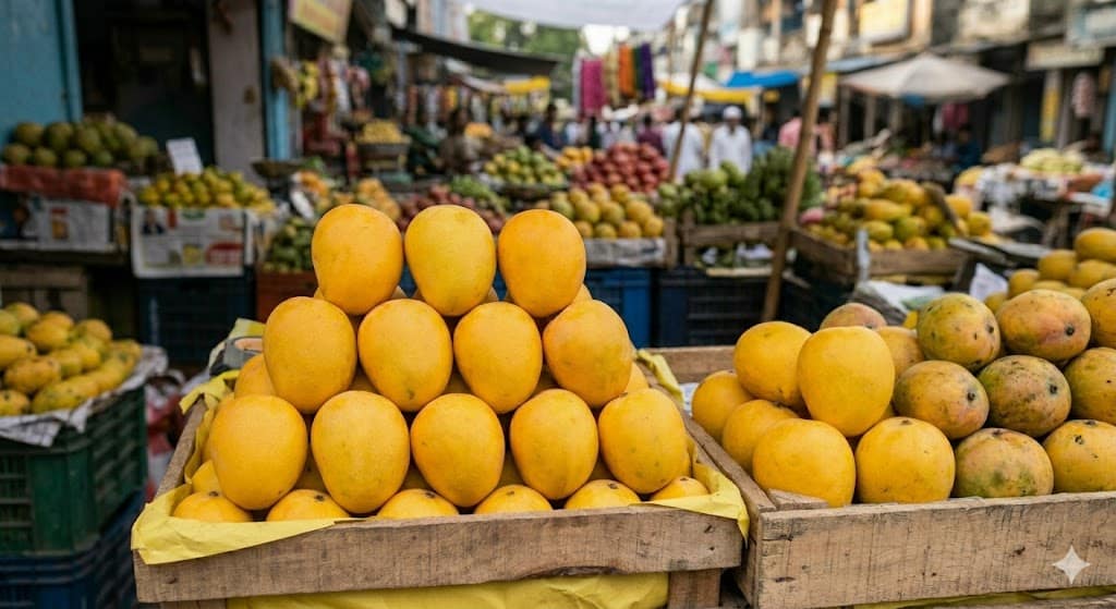 ಕೃತಕವಾಗಿ ಹಣ್ಣಾಗಿಸಿದ ಮಾವಿನ ಹಣ್ಣುಗಳು ಮಾರುಕಟ್ಟೆಯಲ್ಲಿ ರಾಶಿಯಾಗಿ ಇಡಲಾಗಿರುವ ದೃಶ್ಯ
