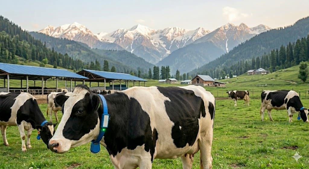 AI-powered smart necklace device monitoring cattle health and activity in rural India
