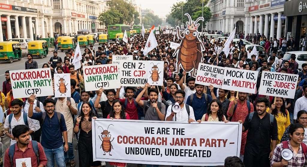 1 A crowd of Gen Z protesters holding satirical political banners in the background.