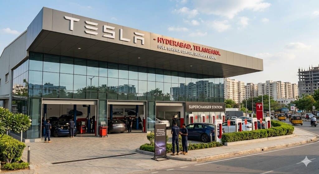 Tesla Is Coming to Hyderabad — And It's Bringing a Full-Service Setup 1 Tesla service centre exterior with electric vehicles parked outside, representing the company's planned expansion into Hyderabad, India