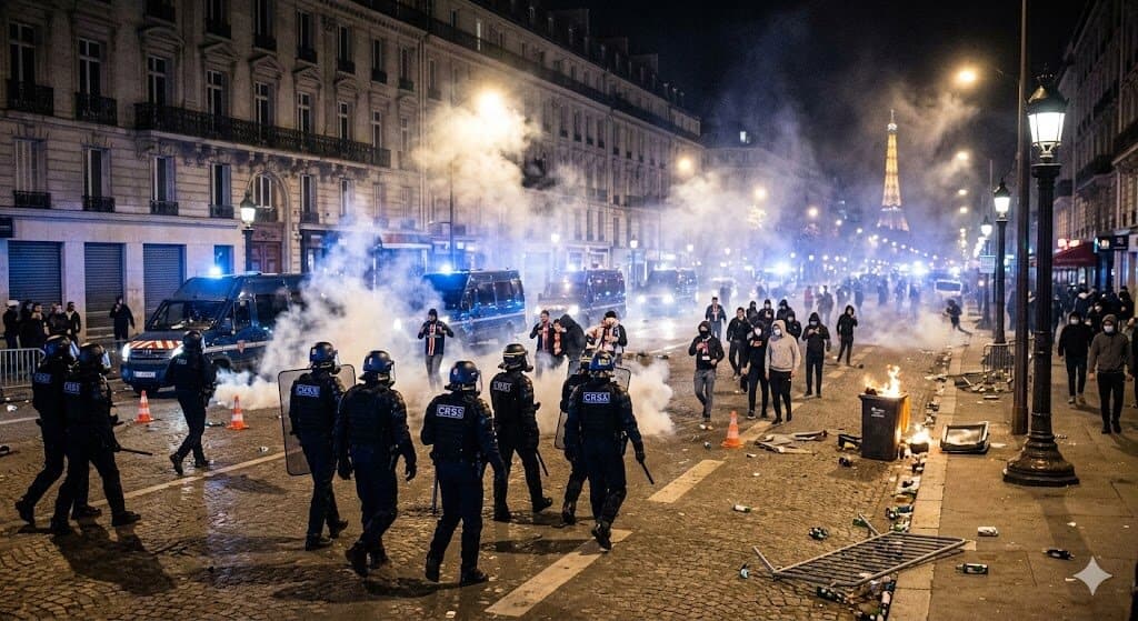 PSG Champions League Win Sparks Riots in France: 400+ Arrested, Police Fire Tear Gas in Paris 1 Paris police firing tear gas at PSG fans celebrating on the Champs-Élysées after the Champions League final victory over Arsenal in May 2026