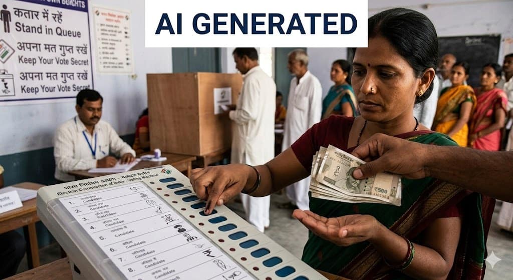 Illustration of a voter accepting money before pressing an electronic voting machine button, symbolizing vote buying in elections