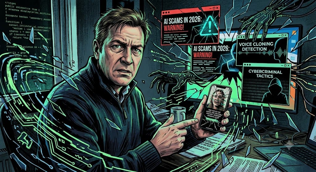 AI Scams in 2026: How Cybercriminals Are Using Artificial Intelligence to Fool People — and How to Stay Safe 1 Cybercriminal using artificial intelligence on laptop to conduct voice cloning and deepfake scams in 2026