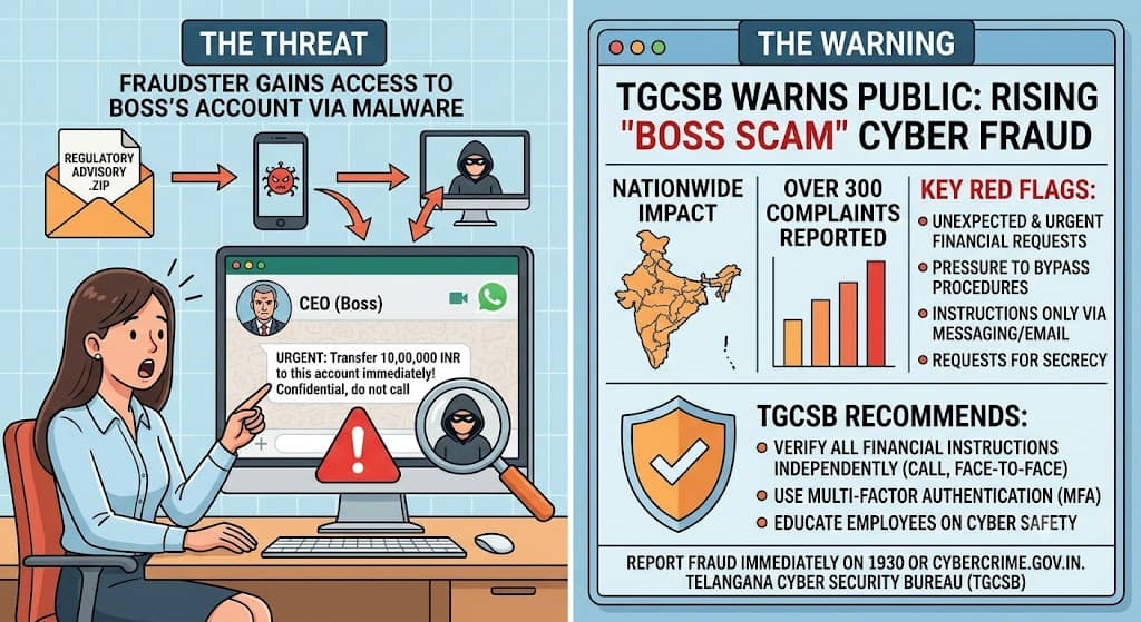 TGCSB Warns Public About Rising ‘Boss Scam’ Cyber Fraud; Over 300 Complaints Reported Nationwide 1 “Cyber fraud alert showing boss scam or CEO impersonation targeting employees for money transfer”