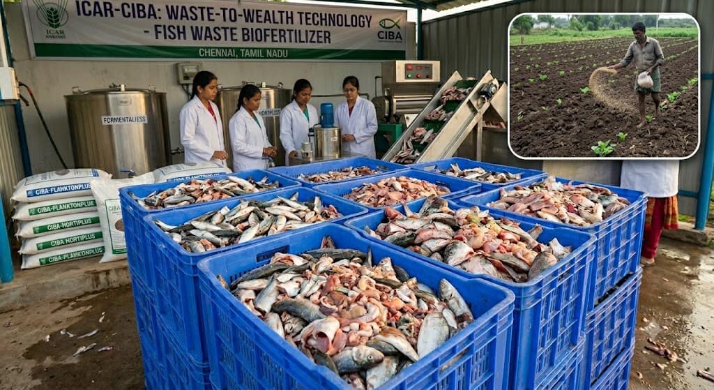 Indian Scientists Turn Fish Waste Into Biofertiliser — A Game-Changer for Sustainable Agriculture 1 Scientists at ICAR-CIBA Chennai processing fish waste to produce eco-friendly biofertilizers CIBA-PlanktonPlus and CIBA-HortiPlus