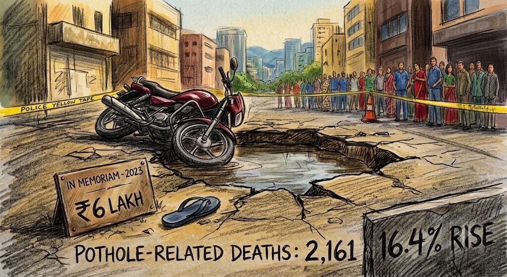Pothole Compensation in India: Your Legal Rights, How to Claim, and What Courts Have Ruled 1 A motorcyclist swerving around a large pothole on a waterlogged Indian city road during monsoon season
