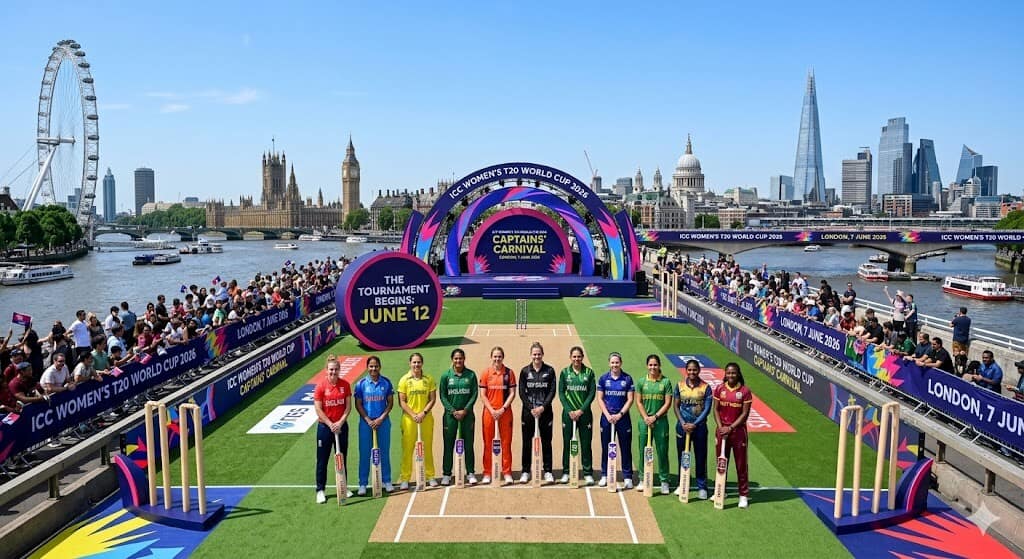 ICC Women's T20 World Cup 2026 Launched in Style With Historic Waterloo Bridge Takeover 1 All 12 ICC Women's T20 World Cup 2026 captains pose on Waterloo Bridge, London, with the Thames and city skyline in the background