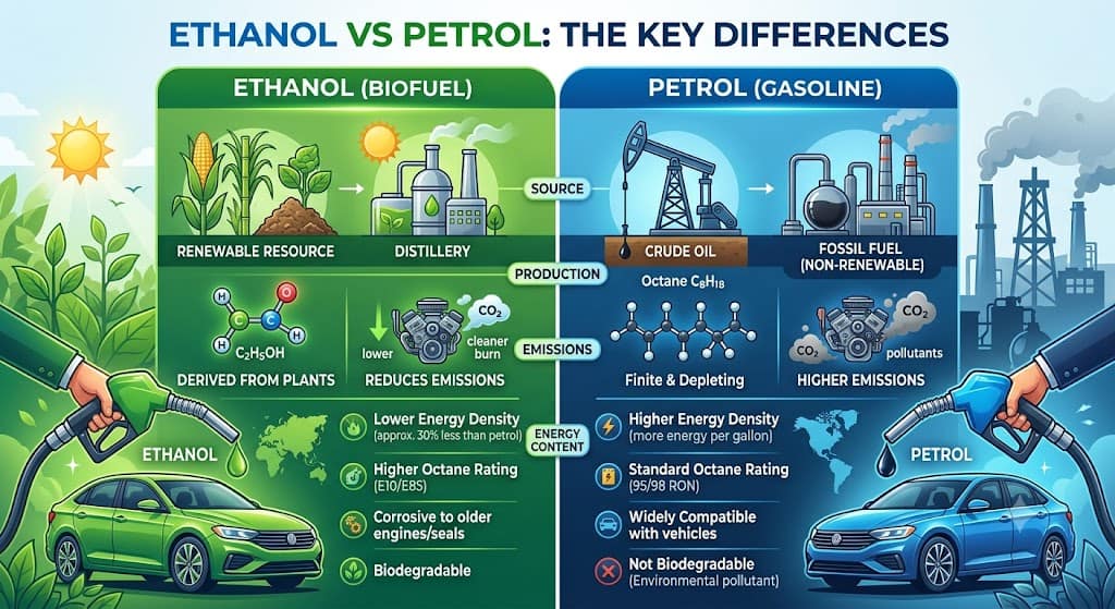 Ethanol vs Petrol: What's the Difference, Which Is Better, and Is E20 Fuel Safe for Your Vehicle? 1 Petrol pump nozzle labeled E20 showing India's ethanol-blended fuel rollout