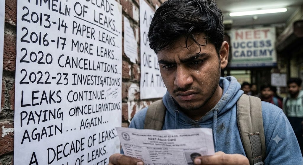 NEET Under BJP Rule (2016–2026): A Timeline of Paper Leaks, Court Battles and Student Suicides 1 Indian medical entrance exam students protesting NEET paper leak controversy with placards