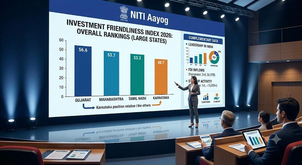 Why Karnataka Ranked Behind Gujarat, Maharashtra and Tamil Nadu in NITI Aayog's 2026 Investment Index 1 Map or infographic showing Karnataka's rank in NITI Aayog Investment Friendliness Index 2026 compared to Gujarat, Maharashtra and Tamil Nadu