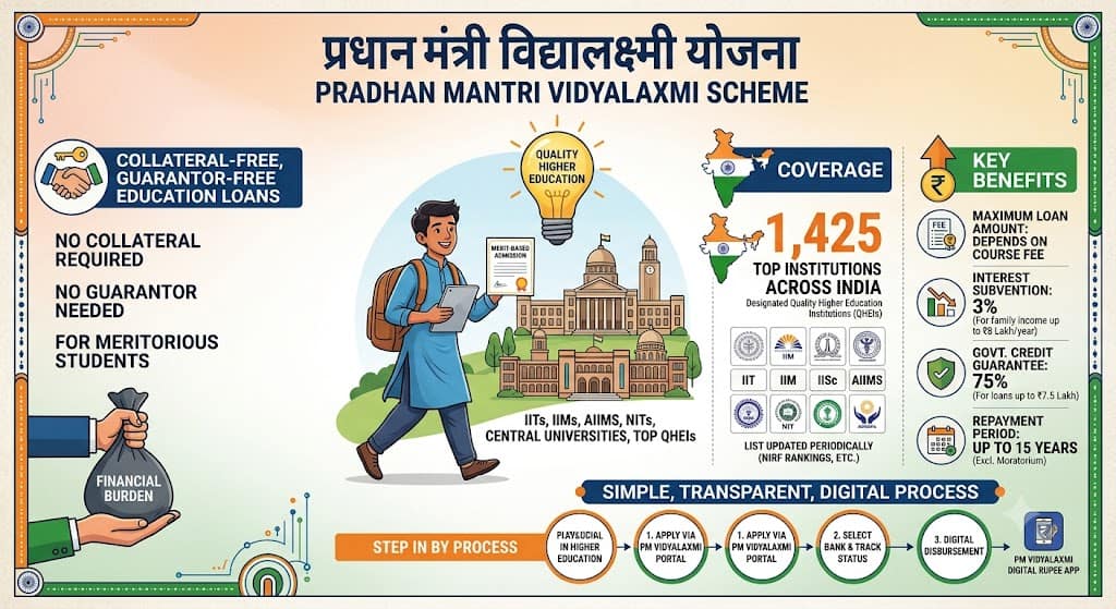 PM Vidyalaxmi Scheme 2026: Collateral-Free Education Loans Now Cover 1,425 Institutions 1 Student holding books with PM Vidyalaxmi Scheme education loan graphic, symbolizing collateral-free education financing in India