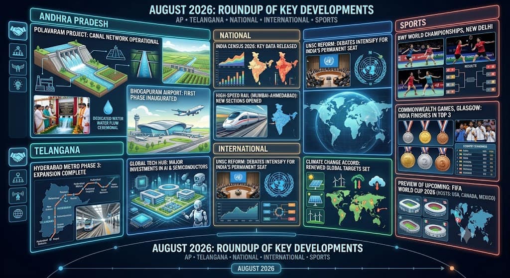 కరెంట్ అఫైర్స్ — ఆగస్టు 1–27, 2026 1 AP and Telangana Current Affairs August 2026 infographic banner