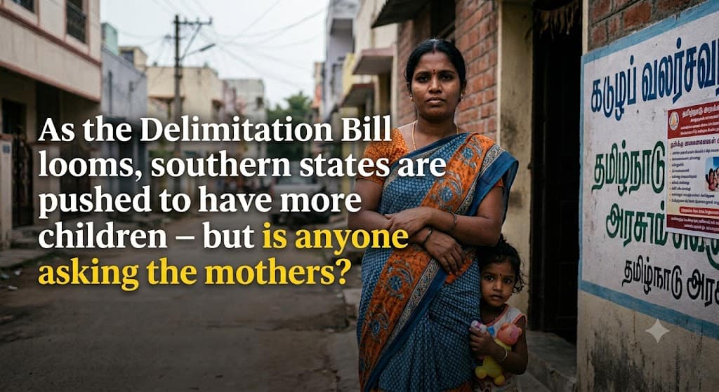 Before We Tell Women to Have More Children, Someone Should Ask Them 1 Illustration representing India's Delimitation Bill debate and population incentive schemes in Andhra Pradesh and Tamil Nadu