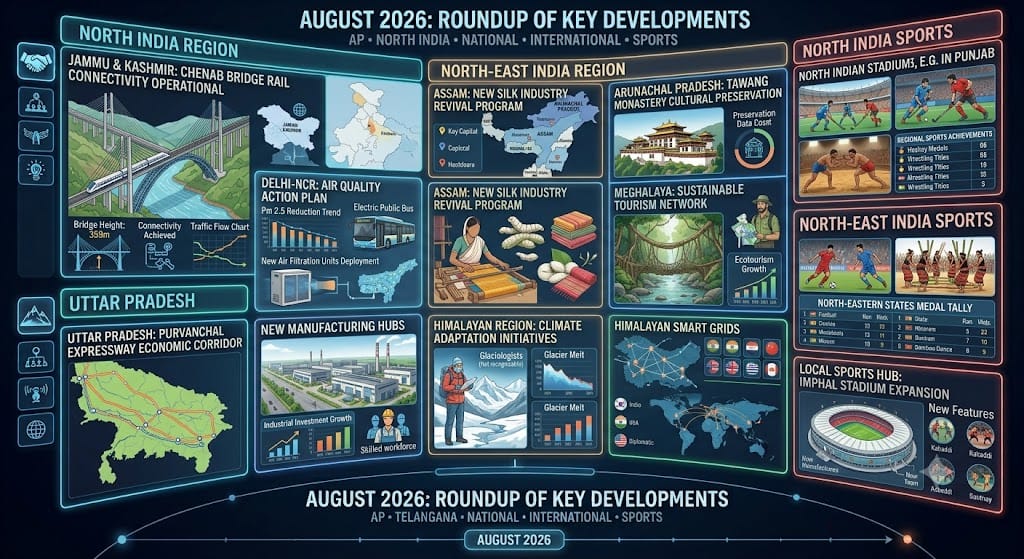 उत्तर भारत व पूर्वोत्तर राज्य करेंट अफेयर्स — अगस्त 2026 1 North India and Northeast states current affairs August 2026 infographic banner