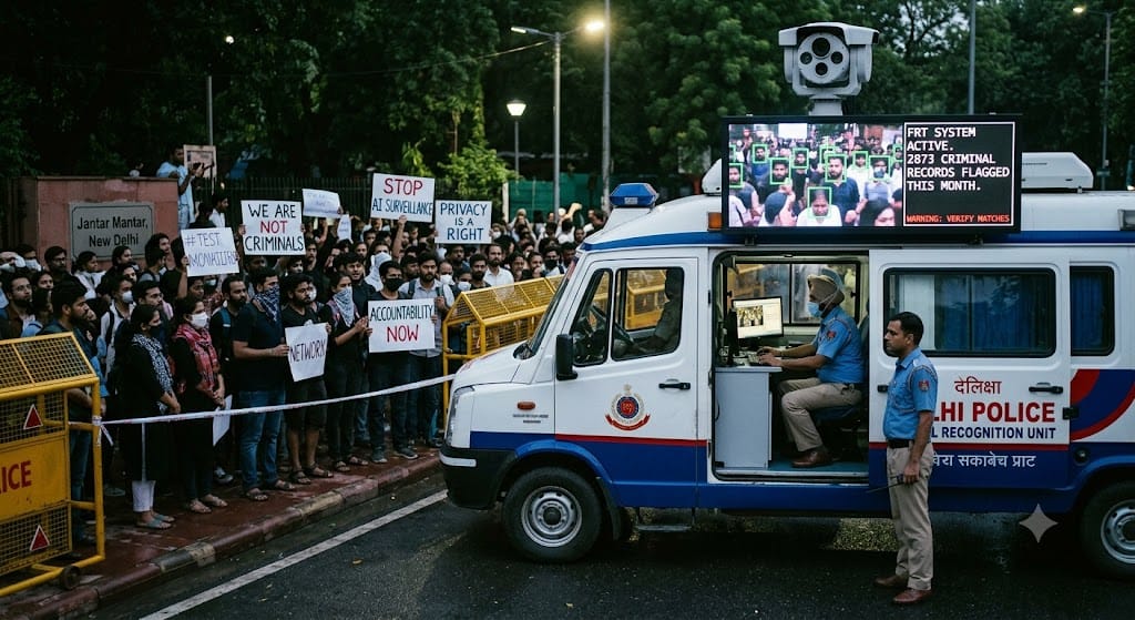 Delhi Police Facial Recognition Raises Questions: How Were People Already in Jail Flagged at Jantar Mantar? 1 Delhi Police facial recognition camera surveillance at Jantar Mantar protest site