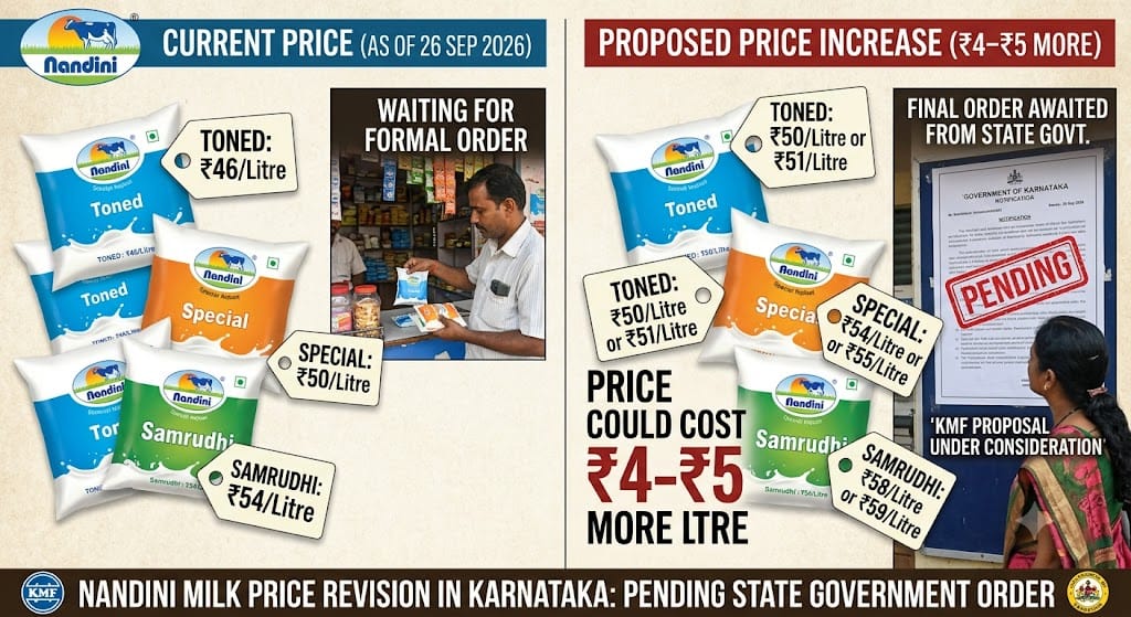 Nandini Milk Price Hike 2026: Karnataka to Raise Prices by ₹4–5 Per Litre. Here's What Consumers Need to Know 1 Nandini milk packets in Karnataka as KMF proposes a ₹4–5 per litre price hike in 2026