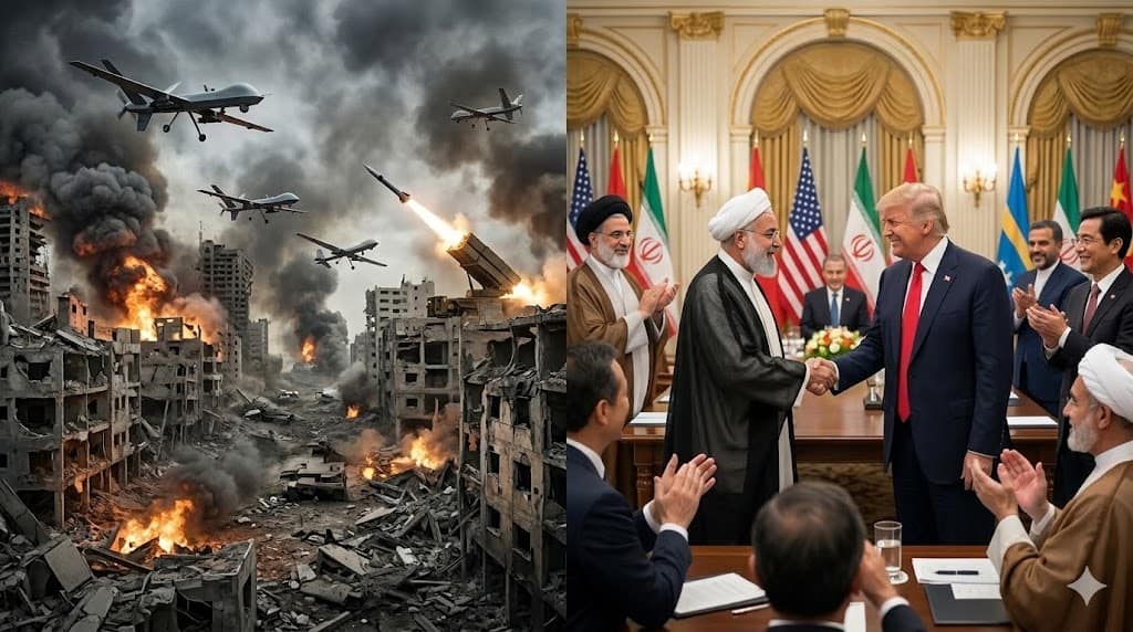 World leaders discussing peace alongside scenes of war and destruction highlighting global conflict and political contradictions