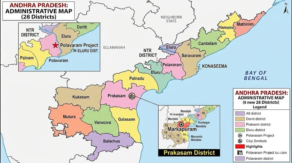 Andhra Pradesh new district map showing 28 districts including Polavaram and Markapuram