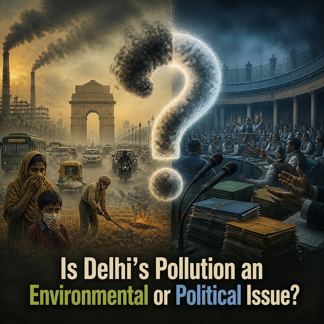 Is Delhi's Pollution an Environmental or Political Issue? 1 Smog covering the Delhi skyline on a winter morning