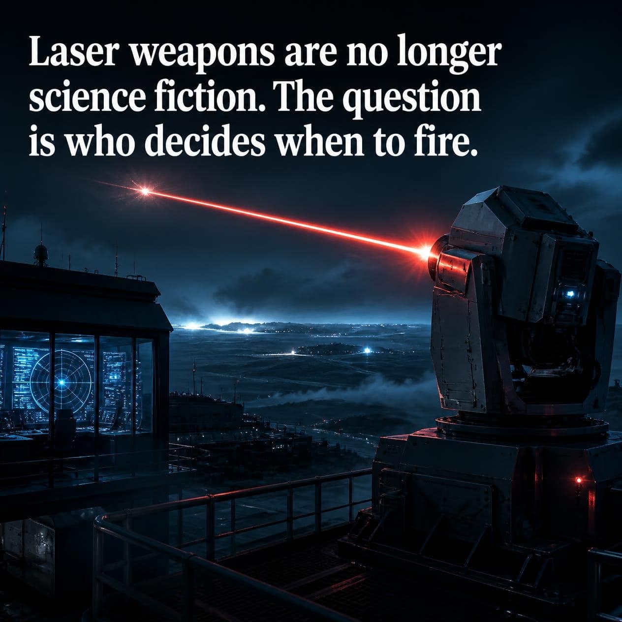 Laser Weapons, AI and War: Is Humanity Losing Its Way? 1 Symbolic laser beam in night sky representing laser weapons and AI in war