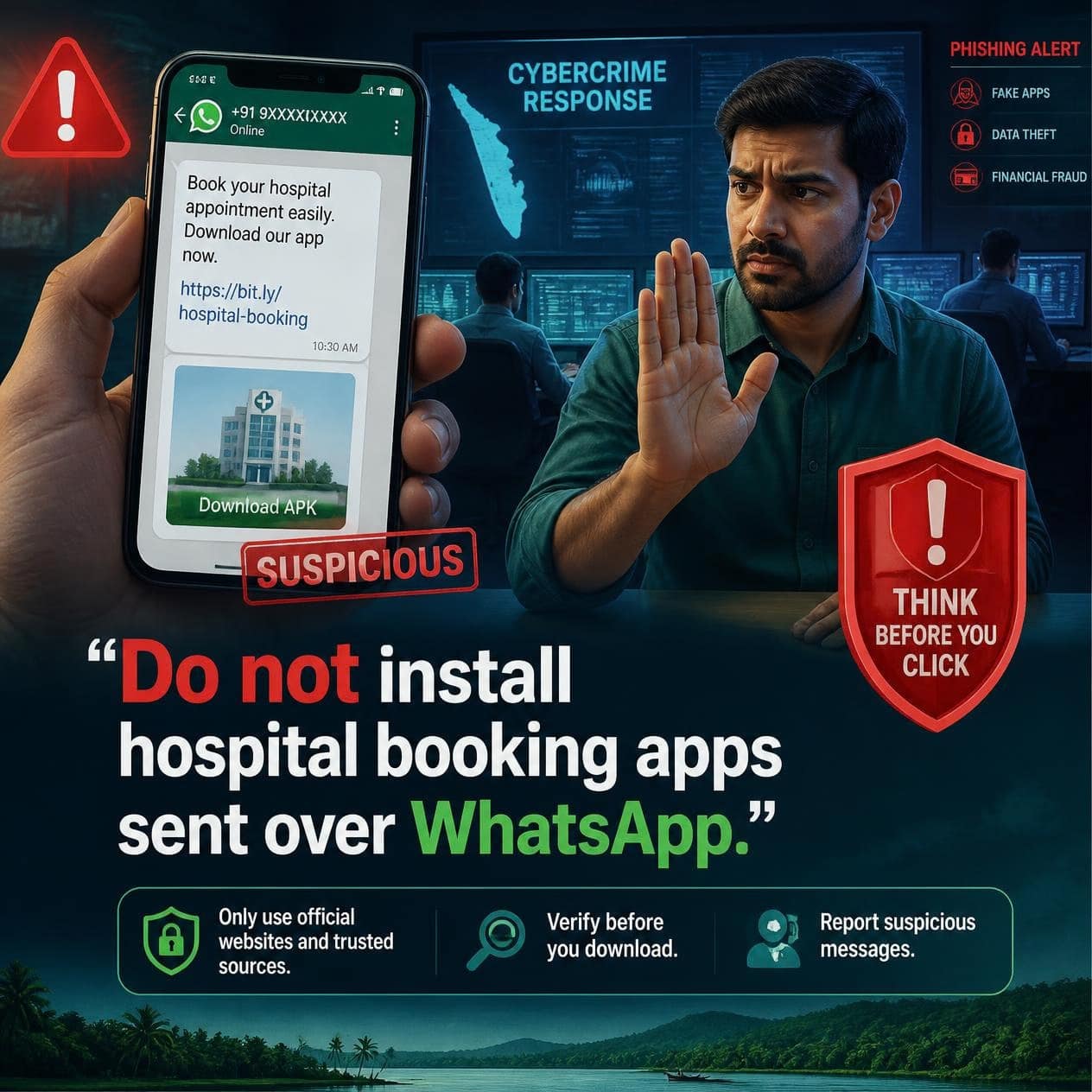 Kerala Police have warned people not to install hospital booking apps sent over WhatsApp. 1 Smartphone showing a hospital appointment app with a fraud warning icon