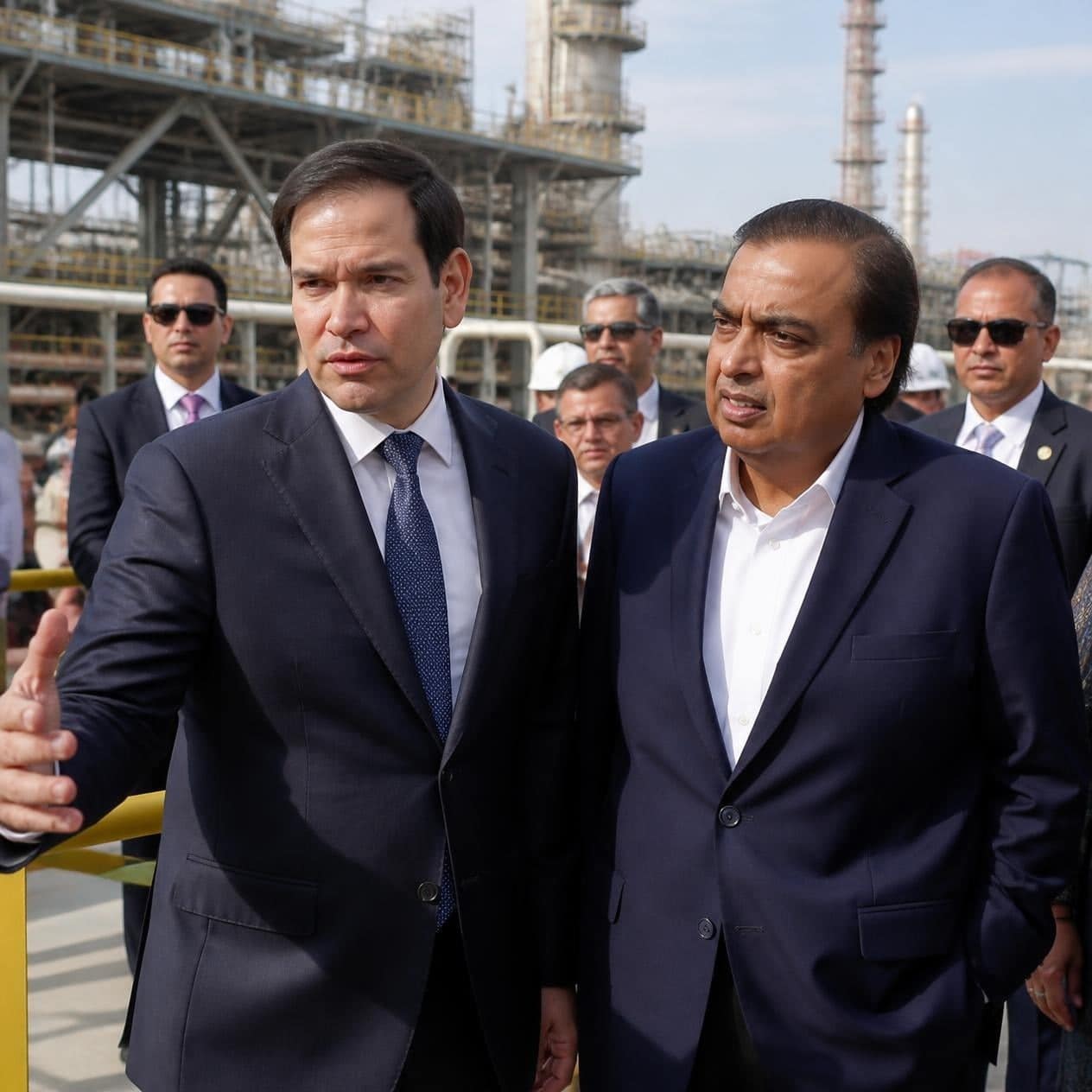 "US Secretary of State Marco Rubio Visited Jamnagar, Toured Reliance Refinery and Met Mukesh Ambani" 1 • US Secretary of State Marco Rubio tours the Reliance Industries oil refinery complex and meets the Ambani family in Jamnagar, Gujarat.
