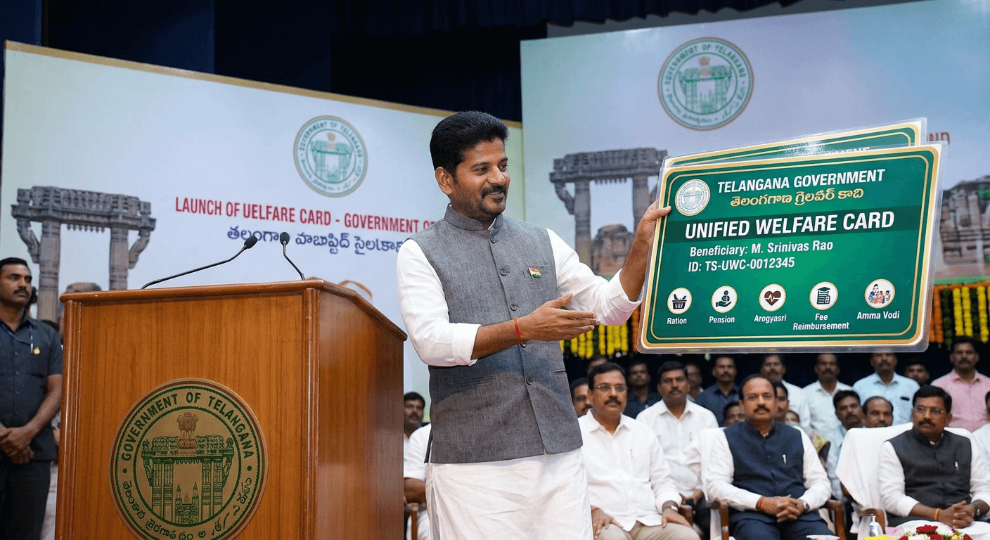 తెలంగాణలో యూనిఫైడ్ వెల్ఫేర్ కార్డు: ప్రతి పౌరుడికి సంక్షేమ ప్రొఫైల్ 1 తెలంగాణ సీఎం రేవంత్ రెడ్డి యూనిఫైడ్ వెల్ఫేర్ కార్డు సమీక్షా సమావేశం హైదరాబాద్ 2026