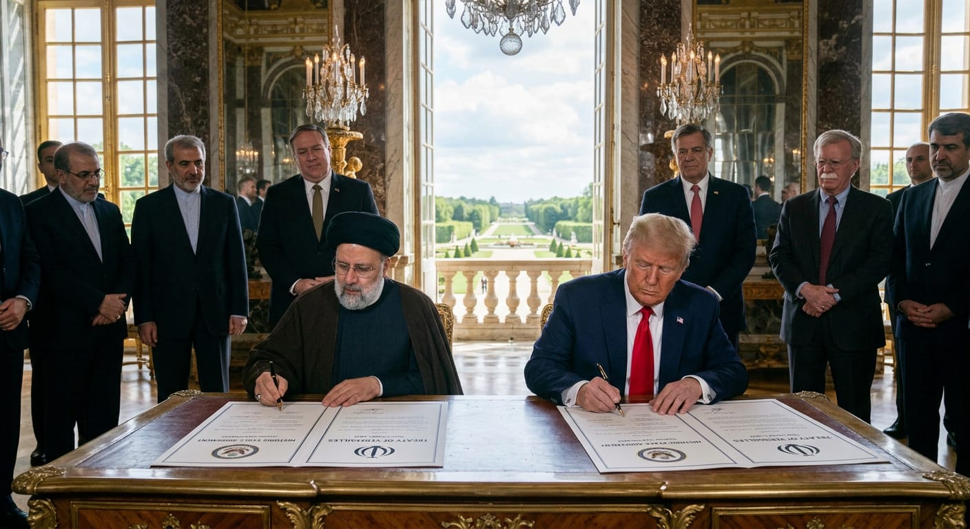 Trump and Iran Sign Historic Peace Agreement at Versailles 1 US President Donald Trump and Iranian President Masoud Pezeshkian sign the Islamabad Understanding peace agreement at the Palace of Versailles, France, on June 18, 2026
