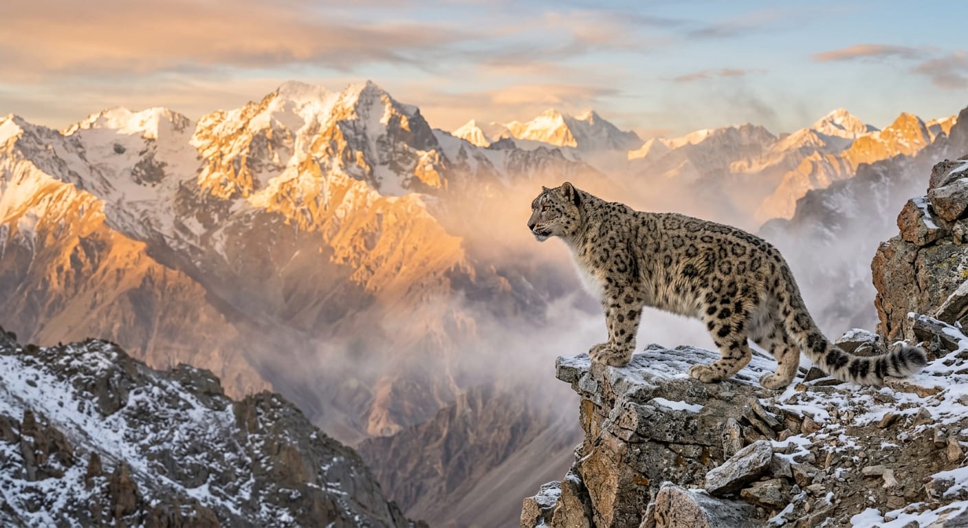 Ladakh LG Approves India's First SHAN Conservation Society to Protect Snow Leopards and High-Altitude Biodiversity 1 Snow leopard standing on rocky mountain cliff in Ladakh Trans-Himalayan ecosystem SHAN Conservation Society 2026