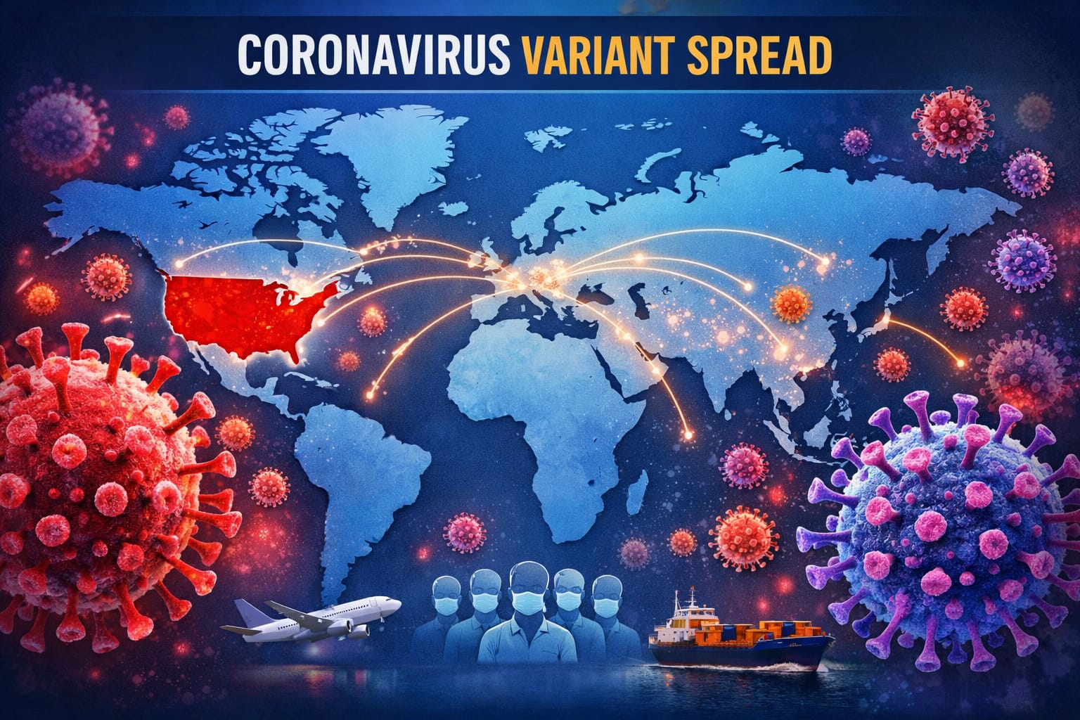 Illustration of coronavirus variant spread with global map highlighting the United States