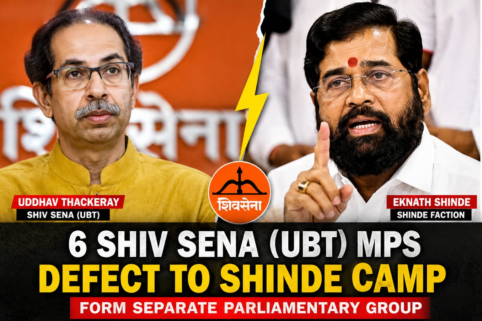 Six Shiv Sena (UBT) MPs Defect to Shinde Camp, Form Separate Parliamentary Group 1 Split image showing Uddhav Thackeray on the left and Eknath Shinde on the right with shattered bow and arrow symbol between them representing Shiv Sena MPs defection to Shinde camp in 2026