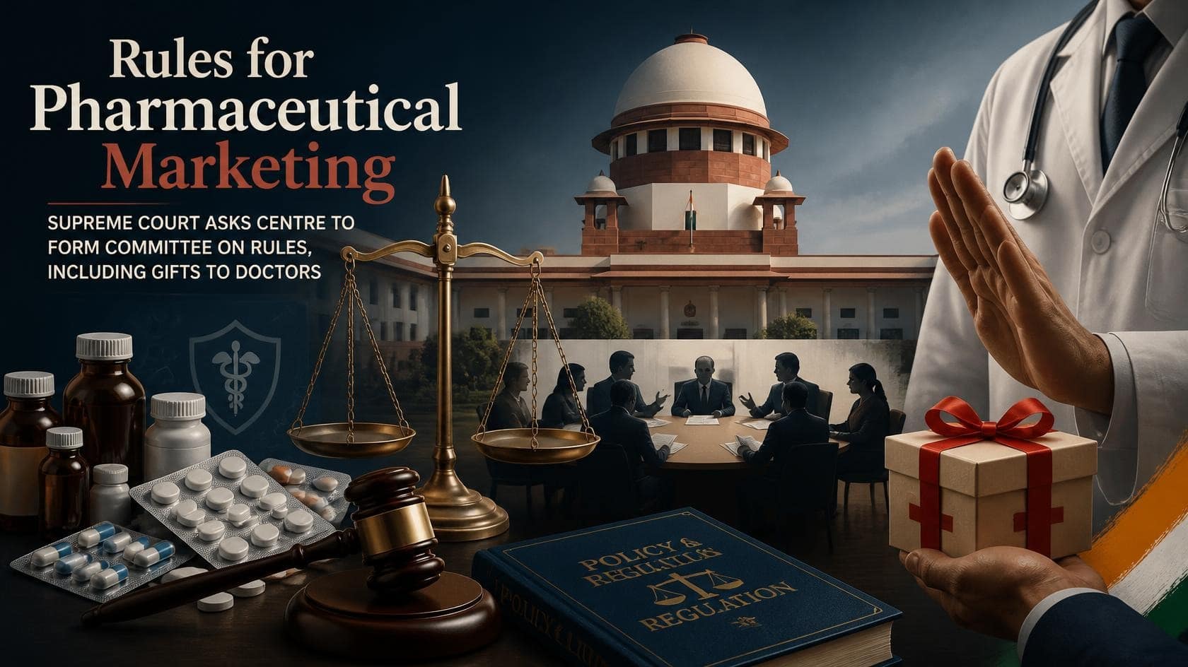 Supreme Court Orders a Panel on Pharma Freebies to Doctors: What It Means for Patients 1 Illustration of a doctor’s stethoscope and a gift box with a gavel, representing the Supreme Court’s review of pharma marketing