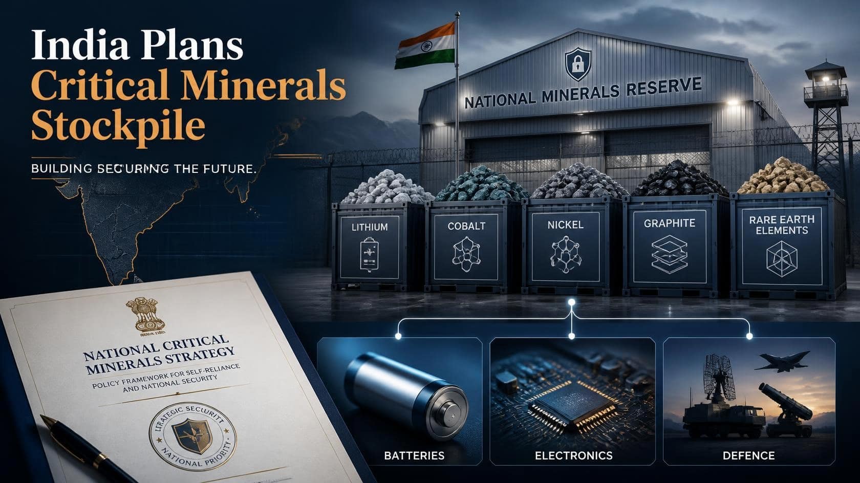 India Plans a Strategic Stockpile of Critical Minerals: Why It Matters for EVs, Electronics and Defence 1 Illustration of lithium, cobalt and copper samples next to a battery and an electronic chip, representing India’s critical minerals stockpile