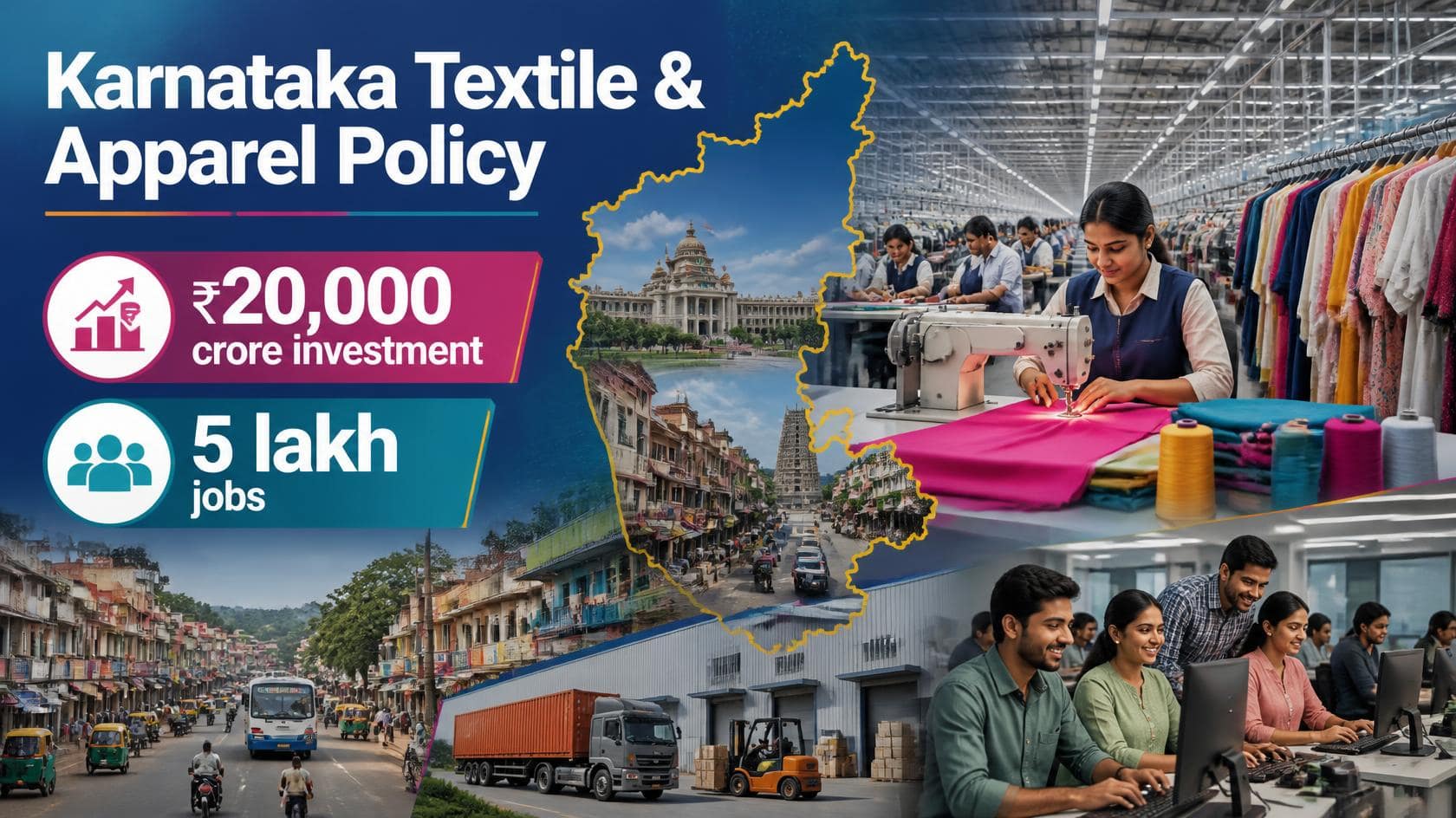 ಕರ್ನಾಟಕದ ಹೊಸ ಜವಳಿ ನೀತಿ: ₹20,000 ಕೋಟಿ ಹೂಡಿಕೆ ಮತ್ತು 5 ಲಕ್ಷ ಉದ್ಯೋಗಗಳ ಗುರಿ – ಉದ್ಯೋಗಗಳು ಎಲ್ಲಿಂದ ಬರಲಿವೆ? 1 Textile manufacturing unit in Karnataka representing the new Textile & Apparel Policy 2026–31