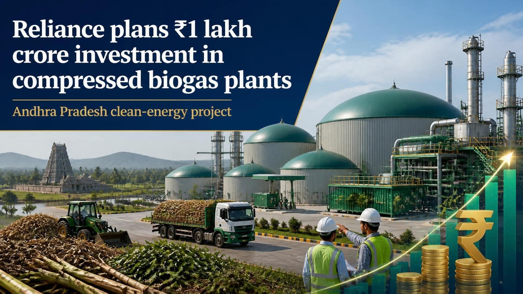 Reliance's ₹1 Lakh Crore Bet on Andhra Pradesh: What the Biogas Plan Means for Farmers, Jobs and Clean Energy 1 Farm waste being turned into compressed biogas, illustrating Reliance's planned investment in Andhra Pradesh