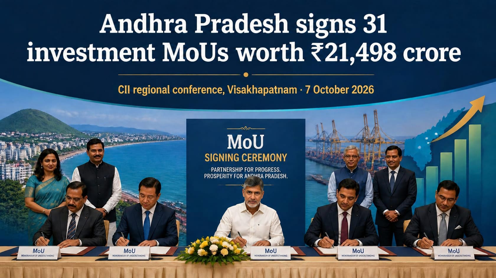 ₹21,498 Crore Investment Push: Andhra Pradesh Signs 31 MoUs, Eyes 56,945 Jobs 1 Andhra Pradesh officials and investors at CII regional conference Visakhapatnam signing investment MoUs worth 21498 crore for 56945 jobs