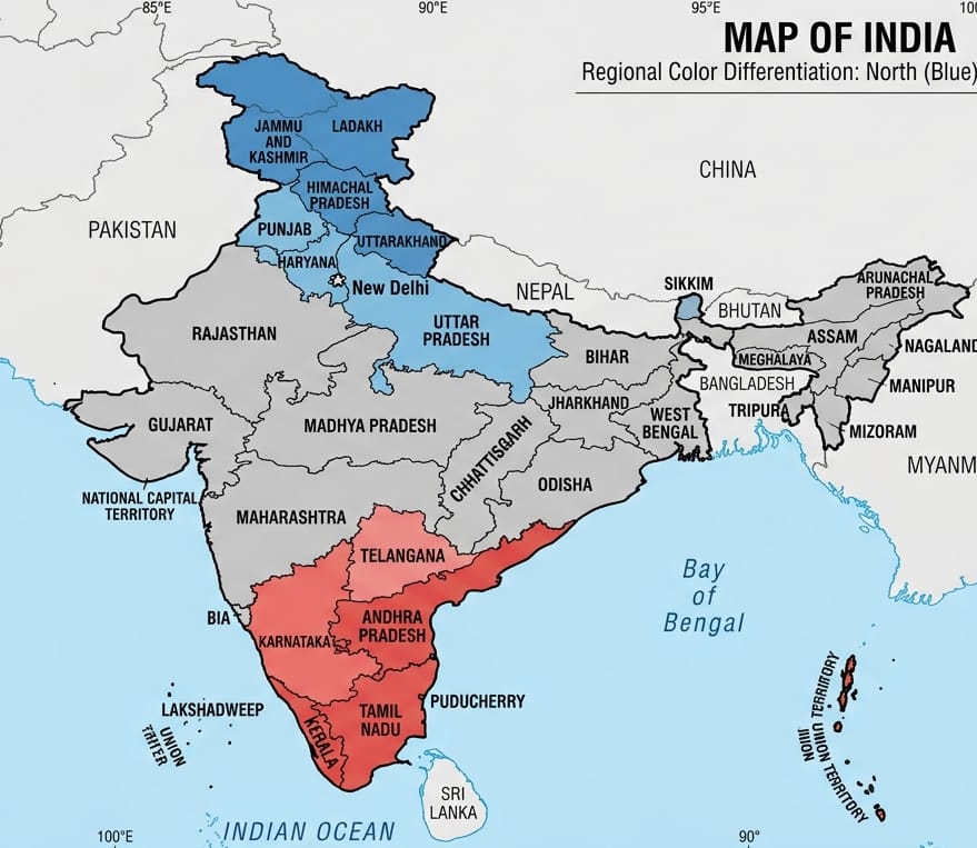 India political map highlighting North and South states for delimitation discussion